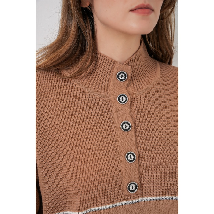 Kadın Çizgili Oversize Triko İkili Takım 15957 - Camel