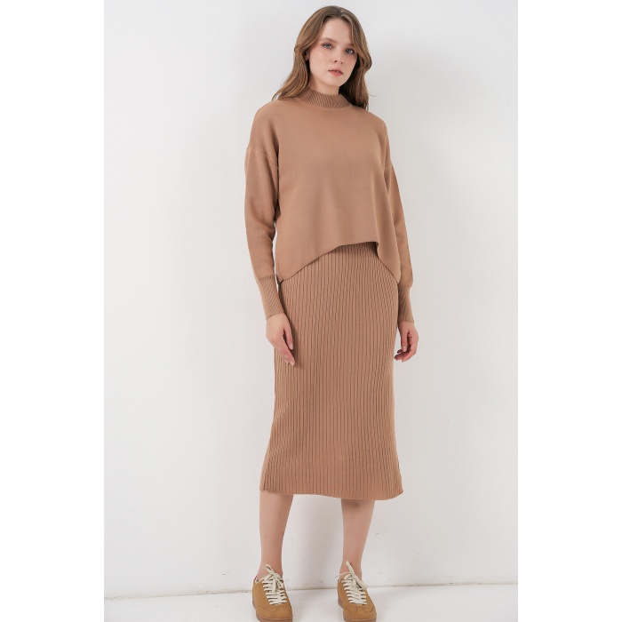 Kadın Kısa Kazaklı Triko Elbise 15958 - Camel