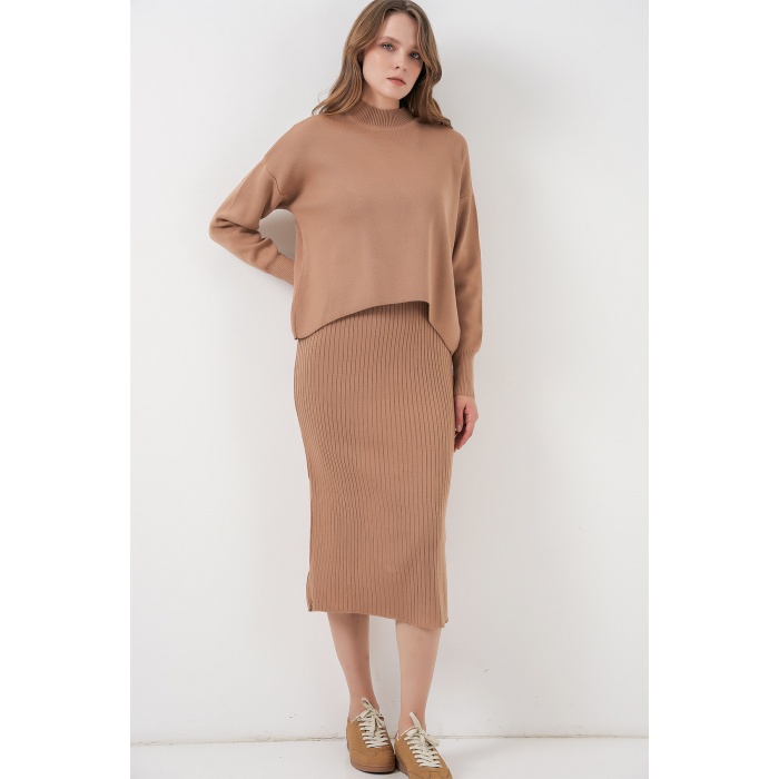 Kadın Kısa Kazaklı Triko Elbise 15958 - Camel