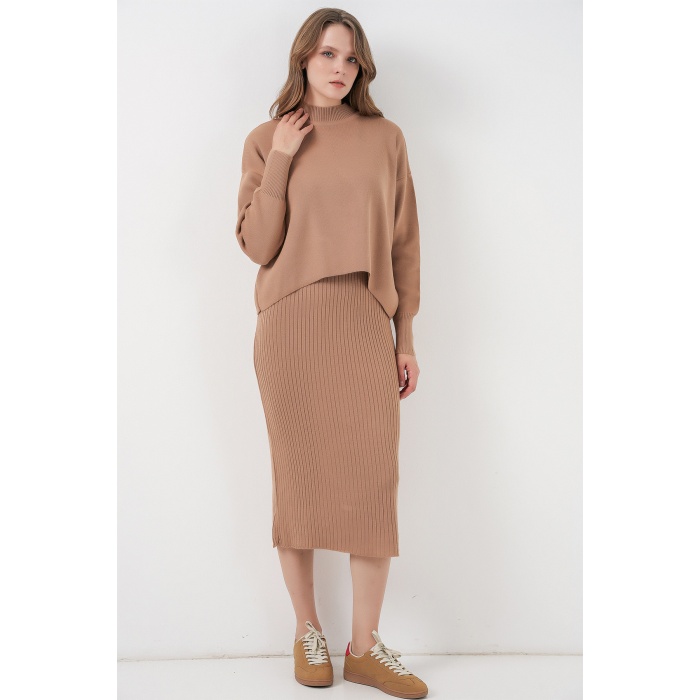 Kadın Kısa Kazaklı Triko Elbise 15958 - Camel