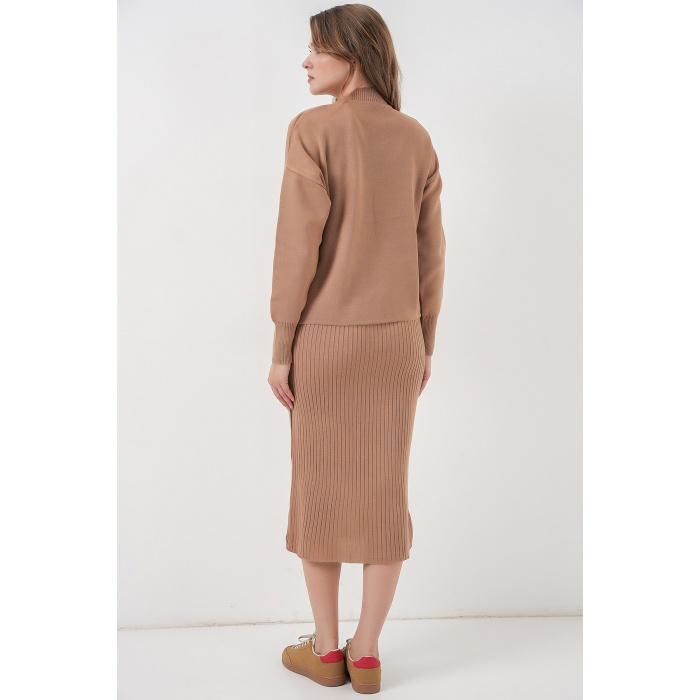 Kadın Kısa Kazaklı Triko Elbise 15958 - Camel