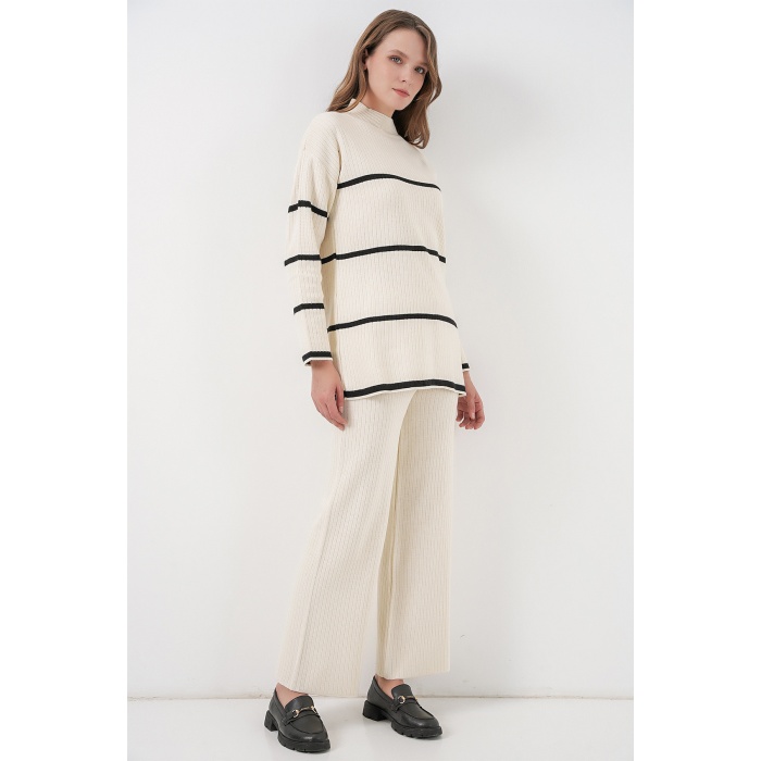 Kadın Çizgili Oversize Triko İkili Takım 15959 - Ekru