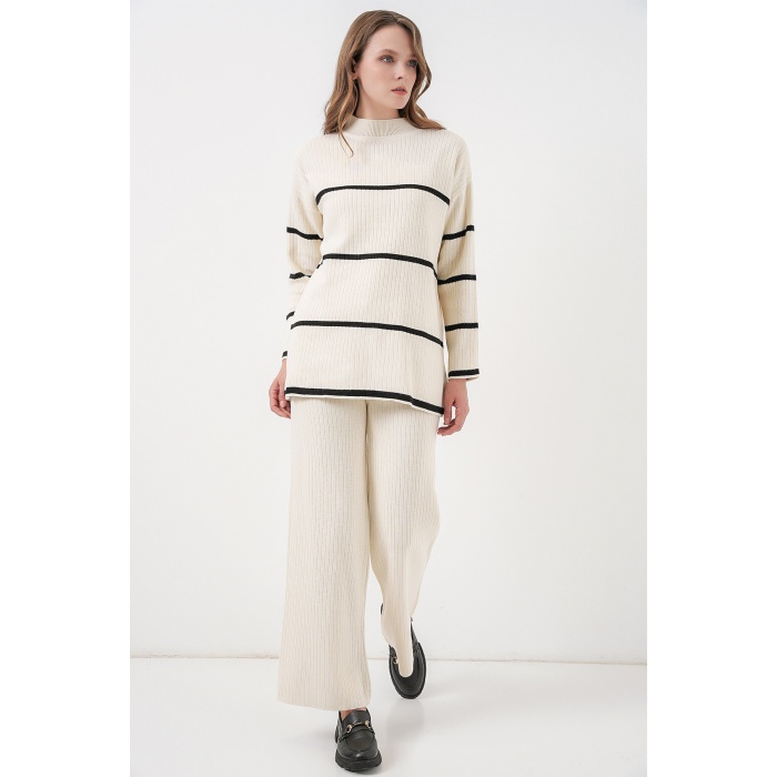 Kadın Çizgili Oversize Triko İkili Takım 15959 - Ekru