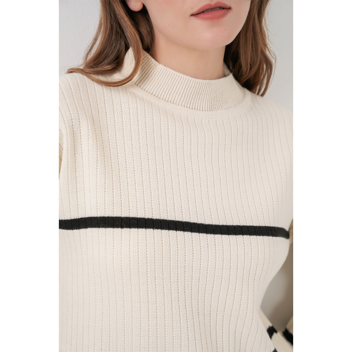 Kadın Çizgili Oversize Triko İkili Takım 15959 - Ekru