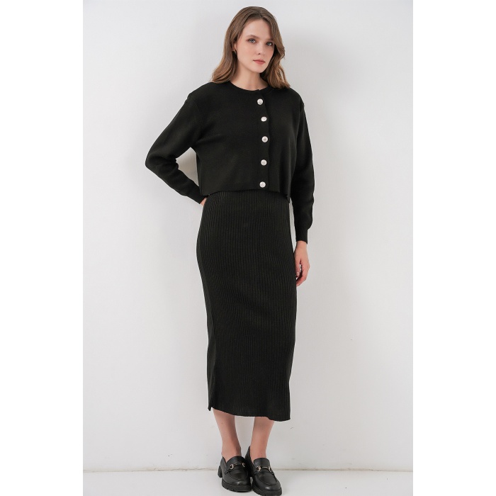 Kadın Hırka Elbise Triko İkili Takım 15960 - Siyah