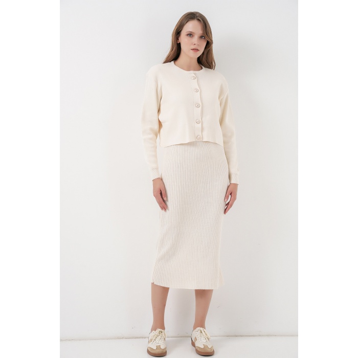 Kadın Hırka Elbise Triko İkili Takım 15960 - Ekru