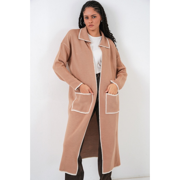 Kadın Uzun Oversize Triko Hırka 15962 - Camel