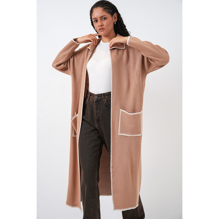 Kadın Uzun Oversize Triko Hırka 15962 - Camel