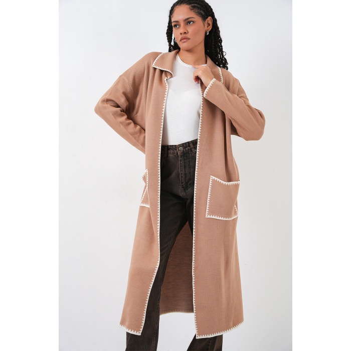 Kadın Uzun Oversize Triko Hırka 15962 - Camel