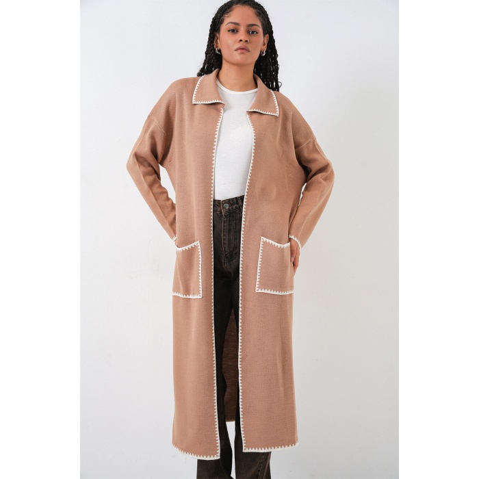 Kadın Uzun Oversize Triko Hırka 15962 - Camel