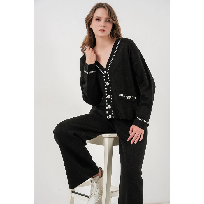 Kadın Nakışlı Triko Hırka Pantolon İkili Takım 15963 - Siyah