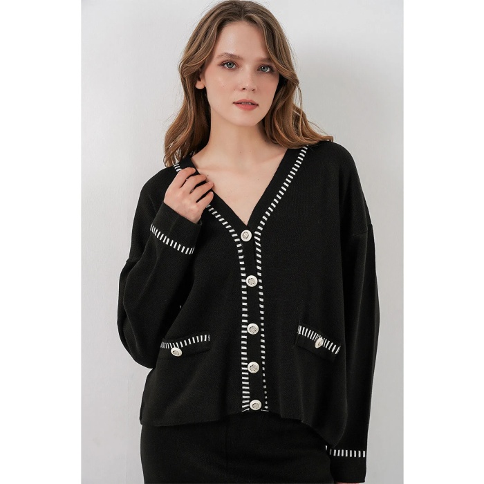 Kadın Nakışlı Triko Hırka Pantolon İkili Takım 15963 - Siyah