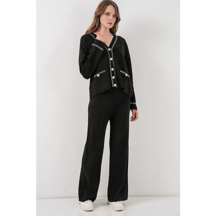 Kadın Nakışlı Triko Hırka Pantolon İkili Takım 15963 - Siyah