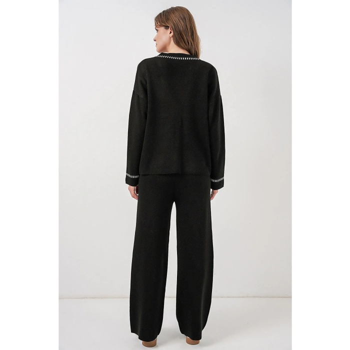Kadın Nakışlı Triko Hırka Pantolon İkili Takım 15963 - Siyah