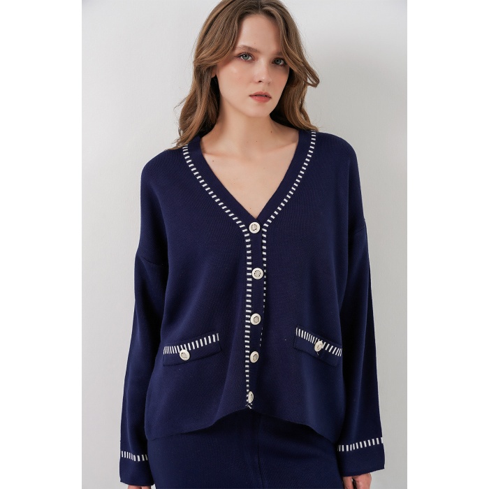 Kadın Nakışlı Triko Hırka Pantolon İkili Takım 15963 - Lacivert