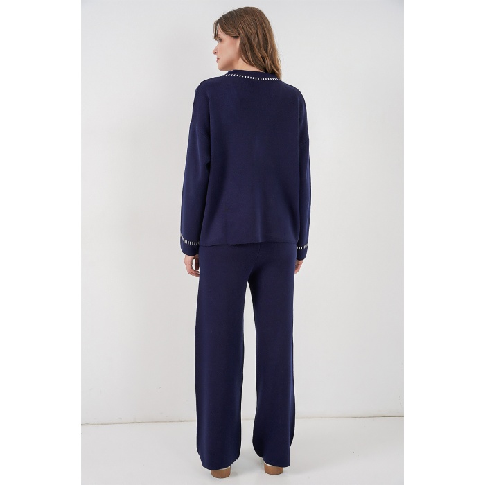 Kadın Nakışlı Triko Hırka Pantolon İkili Takım 15963 - Lacivert