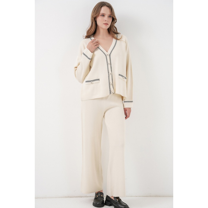 Kadın Nakışlı Triko Hırka Pantolon İkili Takım 15963 - Ekru