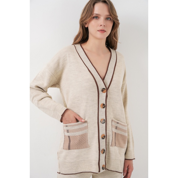 Kadın Cepli Hırka Triko İkili Takım 15964 - Ekru