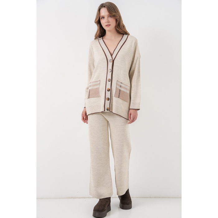 Kadın Cepli Hırka Triko İkili Takım 15964 - Ekru