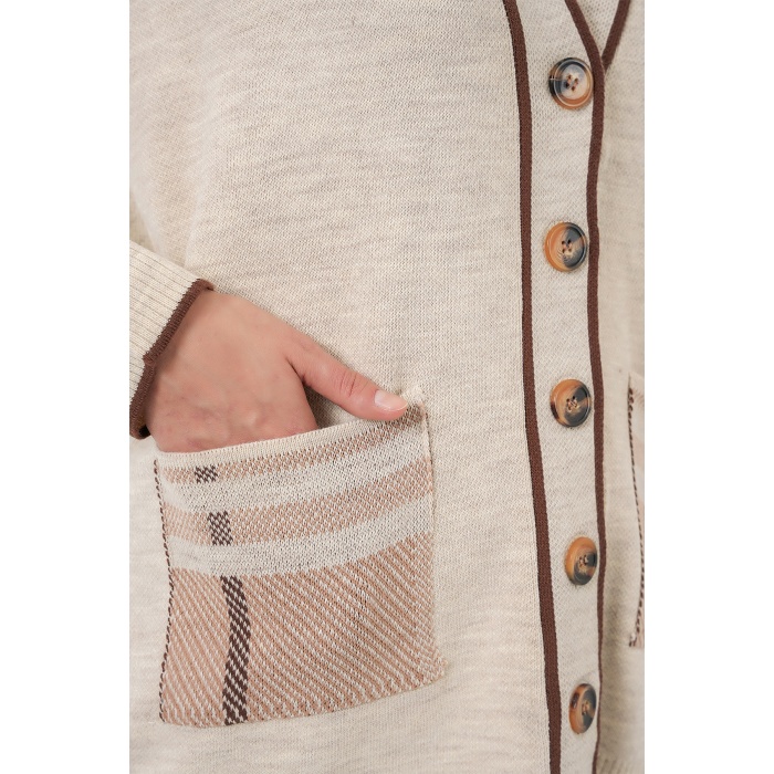 Kadın Cepli Hırka Triko İkili Takım 15964 - Ekru