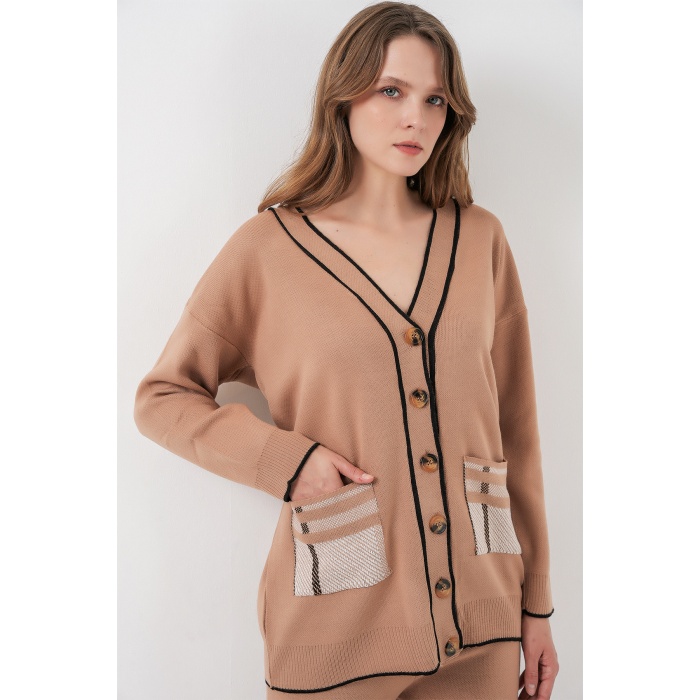 Kadın Cepli Hırka Triko İkili Takım 15964 - Camel