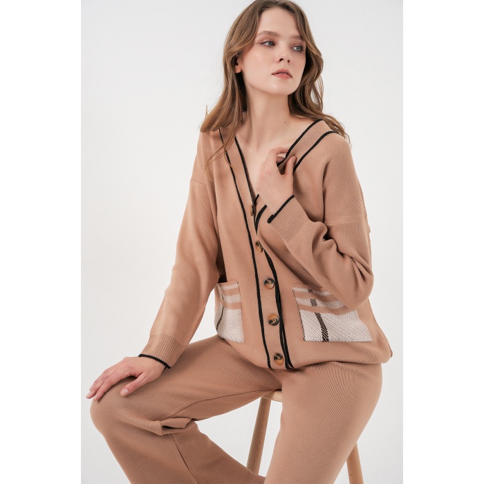 Kadın Cepli Hırka Triko İkili Takım 15964 - Camel