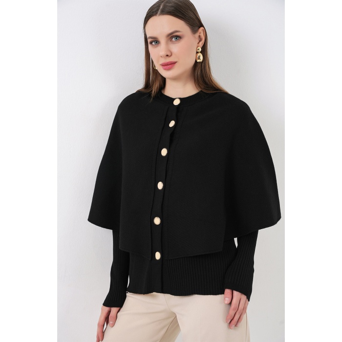 Kadın Pelerinli Triko Hırka 15967 - Siyah