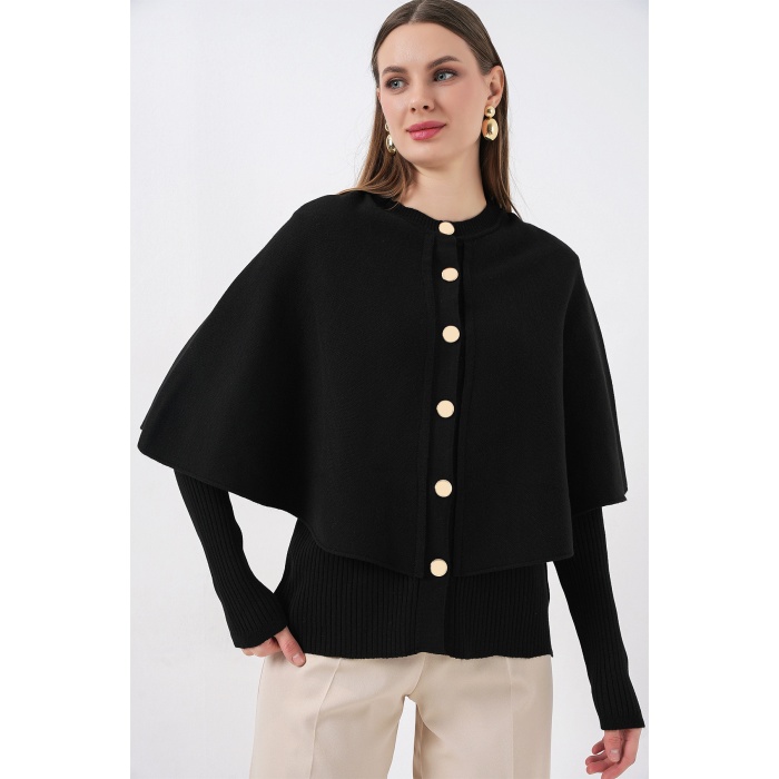 Kadın Pelerinli Triko Hırka 15967 - Siyah