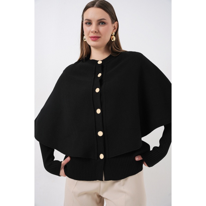 Kadın Pelerinli Triko Hırka 15967 - Siyah