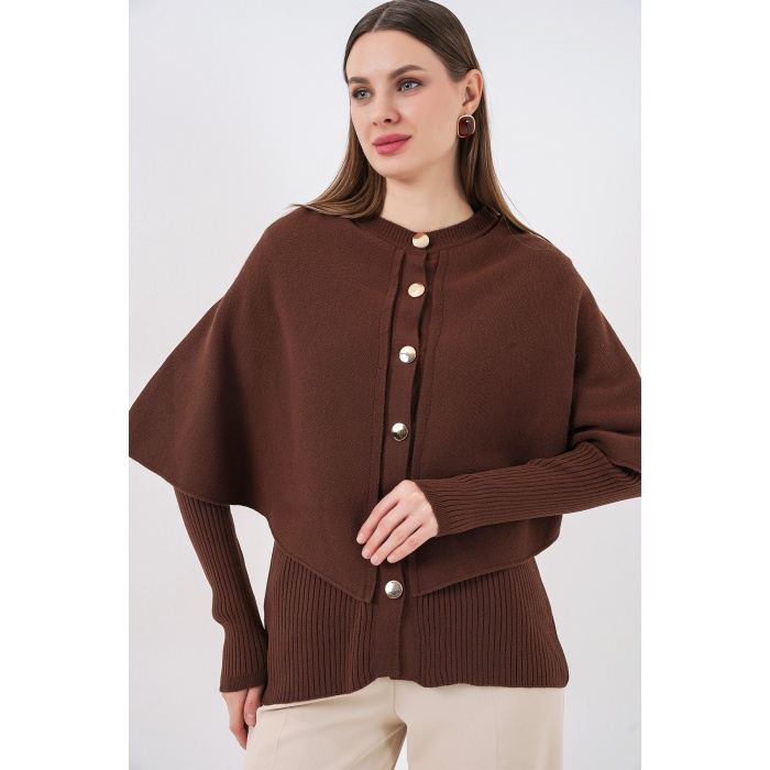 Kadın Pelerinli Triko Hırka 15967 - Kahverengi
