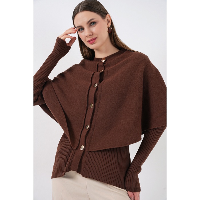 Kadın Pelerinli Triko Hırka 15967 - Kahverengi