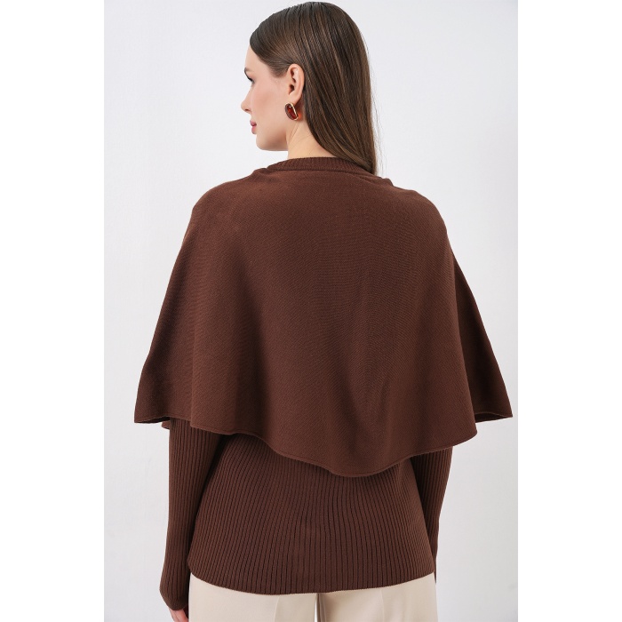 Kadın Pelerinli Triko Hırka 15967 - Kahverengi