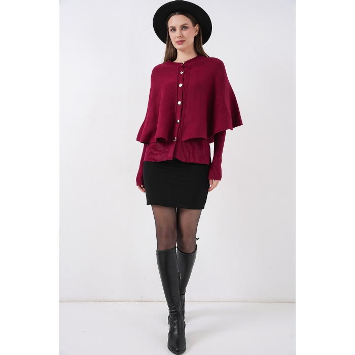 Kadın Pelerinli Triko Hırka 15967 - Bordo