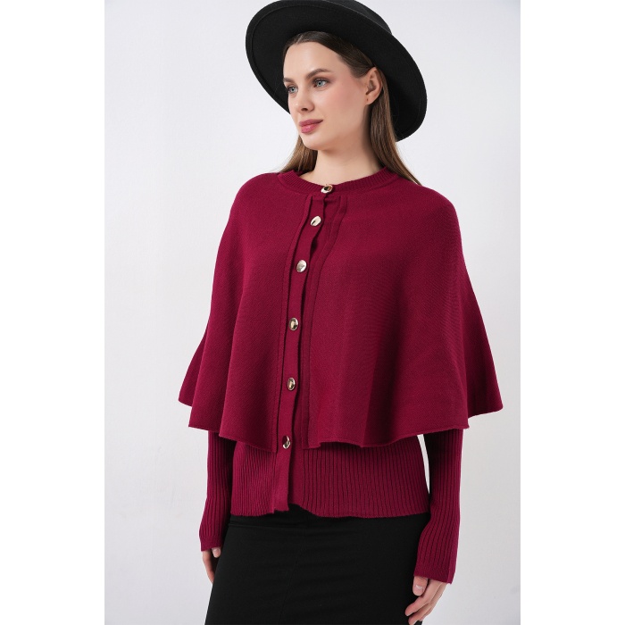 Kadın Pelerinli Triko Hırka 15967 - Bordo
