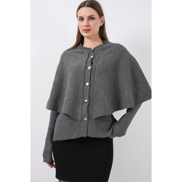 Kadın Pelerinli Triko Hırka 15967 - Antrasit