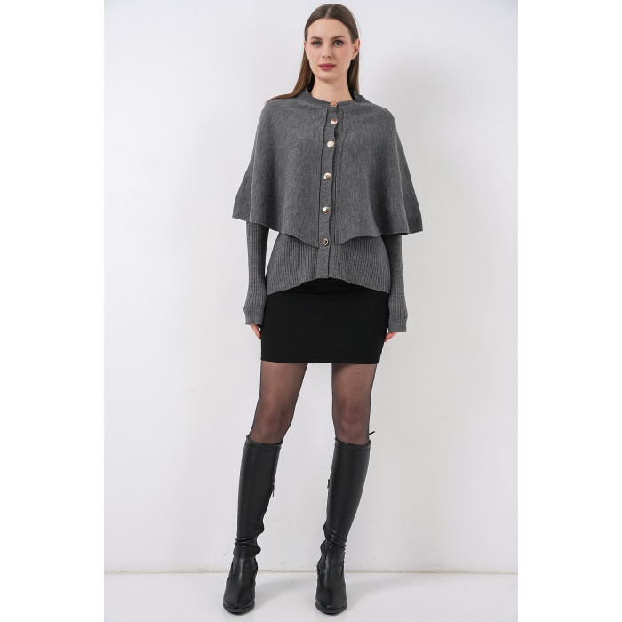 Kadın Pelerinli Triko Hırka 15967 - Antrasit