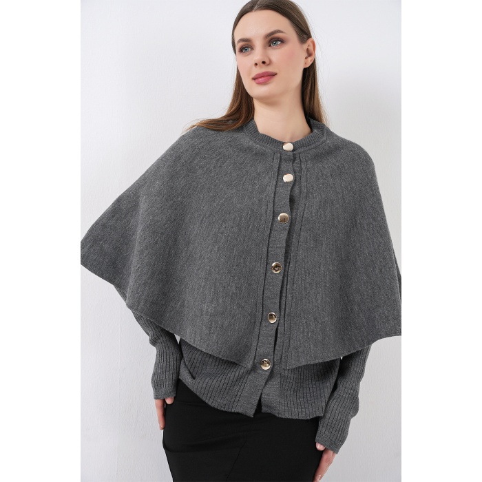 Kadın Pelerinli Triko Hırka 15967 - Antrasit