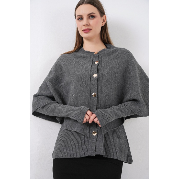 Kadın Pelerinli Triko Hırka 15967 - Antrasit