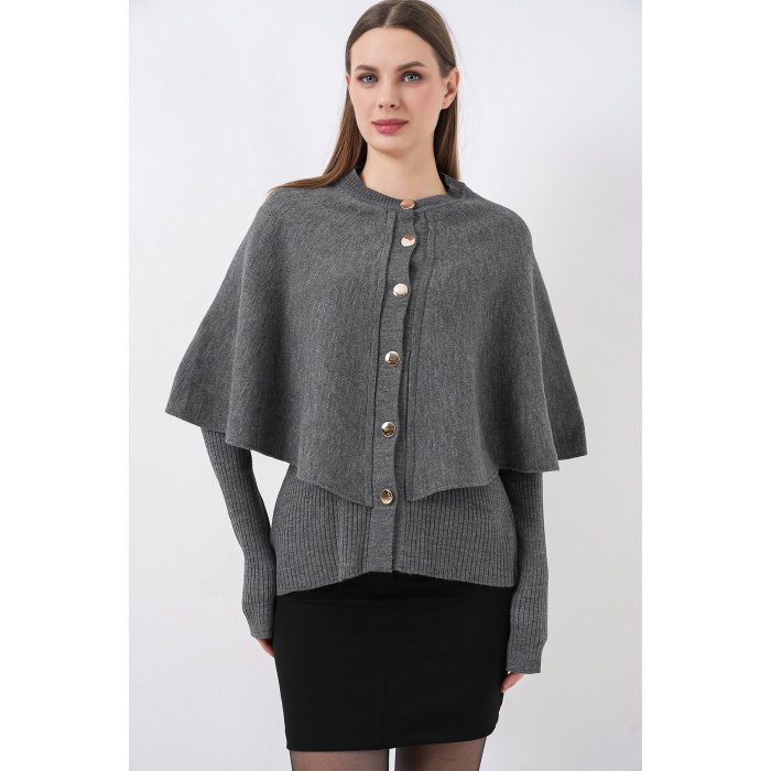 Kadın Pelerinli Triko Hırka 15967 - Antrasit