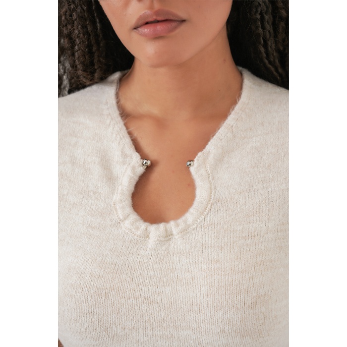 Kadın Kolye Detaylı Triko Elbise 15989 - Ekru