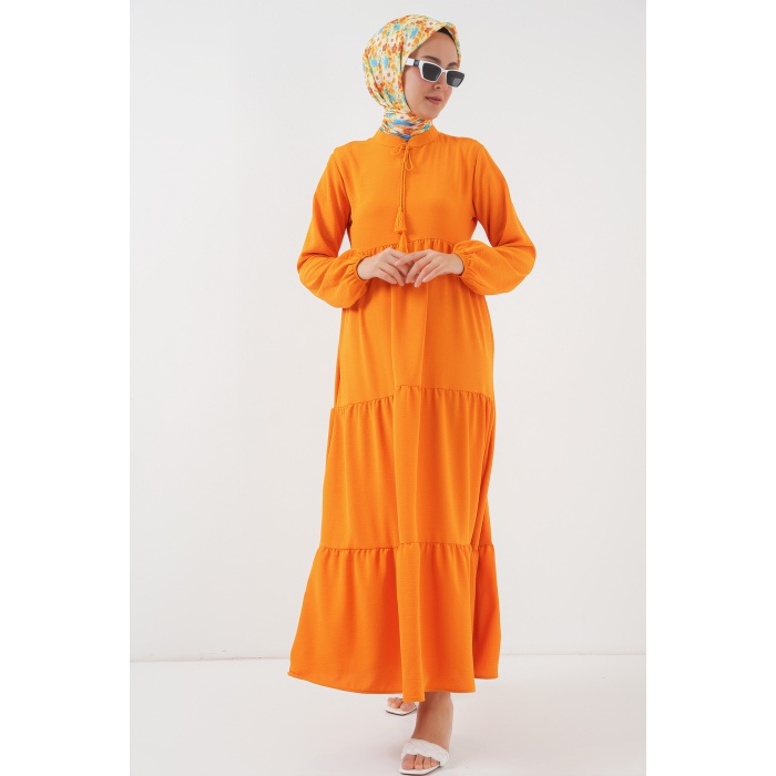 1627 Yaka Bağcıklı Tesettür Elbise - Oranje