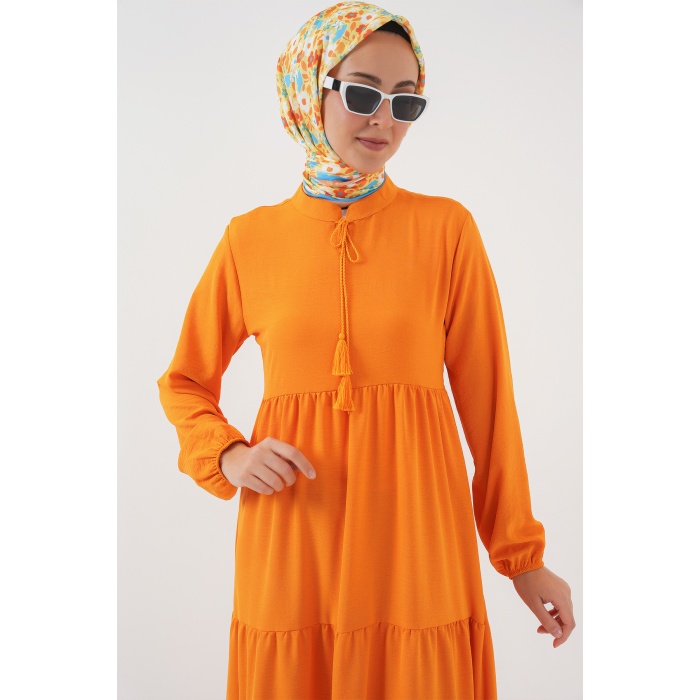 1627 Yaka Bağcıklı Tesettür Elbise - Oranje
