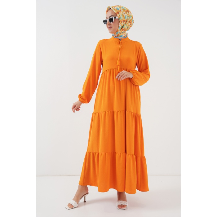 1627 Yaka Bağcıklı Tesettür Elbise - Oranje