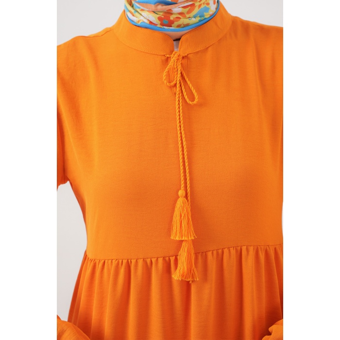 1627 Yaka Bağcıklı Tesettür Elbise - Oranje