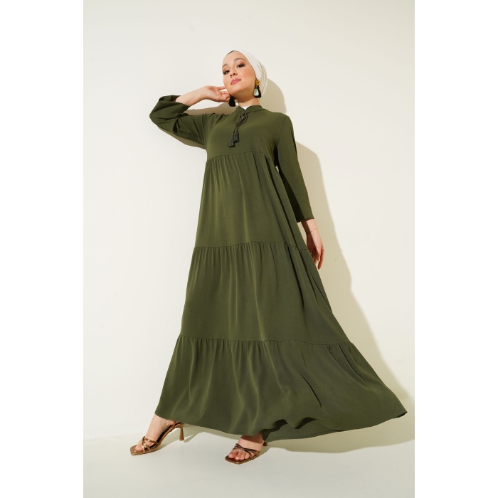 1627 Yaka Bağcıklı Tesettür Elbise - D.Haki
