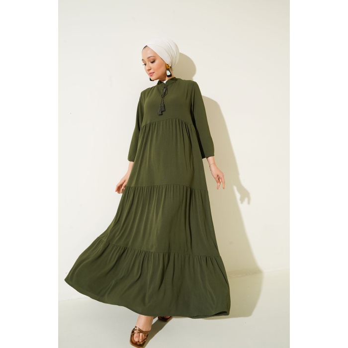 1627 Yaka Bağcıklı Tesettür Elbise - D.Haki