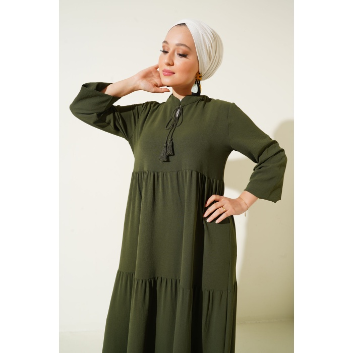 1627 Yaka Bağcıklı Tesettür Elbise - D.Haki