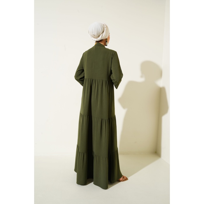 1627 Yaka Bağcıklı Tesettür Elbise - D.Haki