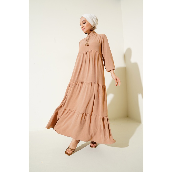 1627 Yaka Bağcıklı Tesettür Elbise - D.Vizon