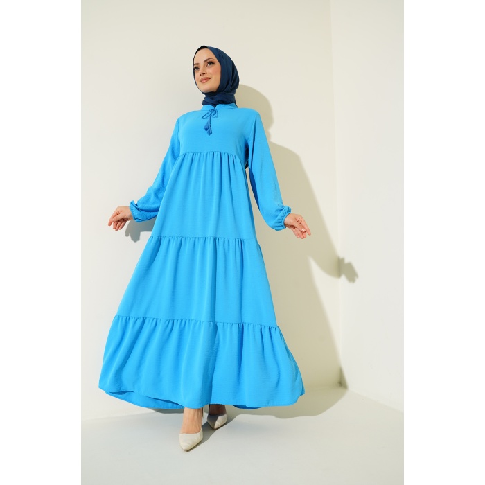 1627 Yaka Bağcıklı Tesettür Elbise - C.Mavi